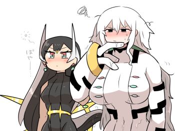 2girls arceus belt black_bodysuit black_eyes black_hair blush bodysuit breasts commentary earrings fewer_digits fluid_on_breasts gen_4_pokemon gold_belt horns implied_yuri jewelry kasugai_(de-tteiu) large_breasts legendary_pokemon long_hair makhia_(kasugai_(de-tteiu)) maria_(kasugai_(de-tteiu)) messy_hair multicolored_eyes multicolored_hair multiple_girls mythical_pokemon nintendo nose_blush personification pokemon pokemon_dppt regigigas squinting straight_hair sweat tail translated two-tone_hair very_long_hair white_bodysuit white_hair