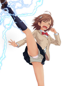 1girl ahoge balancing black_socks blazer blue_skirt blush bob_cut bow bowtie brown_hair brown_jacket brown_shoes commentary_request electricity embarrassed emblem facing_viewer flower full-face_blush furrowed_brow hair_flower hair_ornament hairclip hand_up high_kick highres jacket kicking kneehighs loafers medium_hair messy_hair misaka_mikoto nonaka_ritsu open_mouth outstretched_arm panties pantyshot plaid_clothes plaid_skirt pleated_skirt red_bow red_bowtie school_emblem school_uniform shirt shoes shorts shorts_under_skirt skirt socks solo standing standing_on_one_leg swept_bangs thighs toaru_kagaku_no_railgun toaru_majutsu_no_index tokiwadai_school_uniform underwear upshorts upskirt wavy_mouth white_background white_flower white_panties white_shirt white_shorts wind winter_uniform