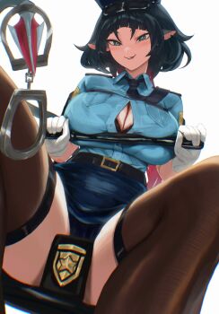 1girl absurdres alternate_costume black_bra black_hair black_panties black_thighhighs blue_shirt blue_skirt bra bra_peek breasts commentary cuffs english_commentary gloves green_eyes handcuffs hat highres hirosenpai holding holding_handcuffs holding_with_tail jane_doe_(zenless_zone_zero) large_breasts long_hair multicolored_hair panties partially_unbuttoned peaked_cap prehensile_tail red_hair shirt sitting skirt smile solo tail thighhighs thighs two-tone_hair underwear white_gloves zenless_zone_zero