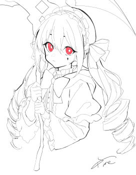 Rule 34 | 1girl, bow, bowtie, closed mouth, cropped torso, drill hair, facial mark, frilled hairband, frills, hair between eyes, hairband, highres, holding, holding scythe, holding weapon, layered sleeves, limited palette, lineart, long hair, long sleeves, looking at viewer, mark under eye, partially colored, puffy sleeves, red eyes, scythe, signature, simple background, sketch, solo, spot color, tlipoca, twin drills, twintails, upper body, very long hair, weapon, white background, wide sleeves, yog-sothoth's yard