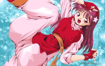 1girl arm_up artist_name asamiya_athena bad_id blue_background brown_sash dated dress dutch_angle earrings fingerless_gloves gloves hair_ornament hairband hand_up jewelry long_hair mikazuki_akira! necklace open_mouth pants pc-98_(style) pink_pants pink_shirt purple_eyes purple_hair red_dress red_gloves red_hairband shirt smile solo star_(symbol) star_hair_ornament the_king_of_fighters