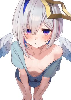 1girl :/ absurdres amane_kanata angel_wings blue_hair blue_shirt blue_wings bob_cut breasts buket_pudding_i closed_mouth colored_inner_hair commentary_request eyes_visible_through_hair feathered_wings gradient_wings grey_hair hair_over_one_eye halo highres hololive leaning_forward looking_at_viewer mini_wings multicolored_hair multicolored_wings naked_shirt navel pink_hair pp_tenshi_t-shirt purple_eyes shirt short_hair simple_background single_hair_intake small_breasts solo star_halo streaked_hair t-shirt tilted_halo virtual_youtuber white_background white_wings wings