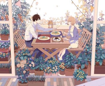 Rule 34 | 1boy, 1girl, agata youji, alcohol, basil leaf, belt, black pants, blue jacket, bob cut, brick wall, brown eyes, brown hair, brussels sprout, cake, cake slice, cardigan, carrot, chair, champagne, champagne glass, chocolate cake, chopped onion, clam, collared shirt, cup, dress, drinking glass, eye contact, flower, food, forget-me-not (flower), fork, from side, garden, ginkgo tree, glasses, highres, holding, holding cup, holding drinking glass, holding fork, jacket, kurisaka mamori, lantern, light smile, long sleeves, looking at another, mushroom, no socks, oishii veranda, okazaki oka, onion, outdoors, outstretched arm, pansy, pants, pasta, pennant, petals, pink flower, pink rose, plant, plate, potted plant, rose, shelf, shirt, short hair, sitting, slice of life, sliced mushroom, slippers, spaghetti, spring onion, steamed clam, string of flags, table, tomato, tomato plant, vase, whipped cream, white dress, white shirt, wine glass, wooden chair, yellow dress