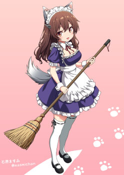 1girl alternate_costume animal_ears apron ashigara_(kancolle) black_shoes breasts broom dress enmaided ishihara_masumi kantai_collection maid maid_headdress mary_janes medium_breasts paw_print pink_background purple_dress ribbon-trimmed_thighhighs ribbon_trim shoes simple_background smile solo tail thighhighs waist_apron wolf_ears wolf_tail wrist_cuffs