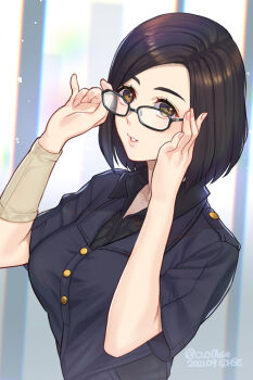 1girl adjusting_eyewear arm_warmers black_hair breasts brown_eyes buttons female_focus final_fantasy final_fantasy_vii final_fantasy_vii_remake glasses large_breasts nayo_(ff7) ohse open_mouth short_hair side_part solo square_enix