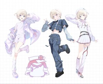 1girl :d arm_up arm_warmers asymmetrical_legwear banpen_(todoroki_hajime) beret black_shoes blonde_hair blue_pants blunt_bangs braid cargo_pants choker closed_mouth clothing_cutout commentary_request cropped_shirt denim denim_jacket denim_shirt drawstring fingerless_gloves flat_chest full_body garter_straps gloves grey_arm_warmers grey_gloves hair_rings hand_up hat highres hololive hololive_dev_is jacket legwear_garter leotard leotard_under_clothes long_sleeves looking_at_viewer loose_socks midriff miniskirt multicolored_hair navel official_alternate_costume official_alternate_hairstyle open_mouth pants parted_lips platform_shoes pleated_skirt purple_choker purple_eyes purple_hair purple_jacket purple_streaks ryuya shirt shoes short-sleeved_jacket short_hair short_shorts short_sleeves shorts shoulder_cutout shrug_(clothing) side_braid simple_background single_off_shoulder single_sleeve_past_fingers single_thighhigh skirt smile sneakers socks standing streaked_hair t-shirt thighhighs todoroki_hajime todoroki_hajime_(1st_costume) todoroki_hajime_(flashpoint) todoroki_hajime_(regloss_uniform) two_side_up uneven_legwear variations virtual_youtuber wallet_chain waving white_hat white_leotard white_shirt white_shoes white_shorts white_shrug white_skirt white_socks white_thighhighs