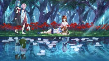4girls black_dress black_shrug blue_eyes blue_hair blue_shirt bob_cut breasts brown_hair cleavage closed_eyes closed_mouth dappled_sunlight different_reflection dress floral_print floral_print_skirt flower game_cg green_skirt juliet_sleeves lap_pillow large_breasts long_dress long_hair long_sleeves looking_at_another lotus lying majo_(yumeutsutsu) medium_skirt multiple_girls nie_(yumeutsutsu) non-web_source official_art on_side one_side_up open_mouth otori_ai outdoors pink_hair pleated_skirt pond print_skirt profile puffy_sleeves red_dress red_flower reflection revealing_clothes shirt short_hair shrug_(clothing) siblings sisters sitting skirt smile spider_lily split_mouth spoilers standing sunlight sweatdrop u_u very_long_hair white_dress yanagiya_kokoro yumeutsutsu_re:master