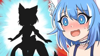 Rule 34 | 1girl, bare shoulders, blue eyes, blue hair, blush, bright pupils, collarbone, commentary, english commentary, fang, highres, indie virtual youtuber, meme, multicolored hair, nose blush, pale skin, ringed eyes, short hair, silhouette, small sweatdrop, streaked hair, thick eyelashes, virtual youtuber, wavy mouth, white pupils, white streaks, who's that pokemon (meme), wolf girl, wolfychu, wolfychu (artist)