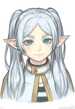 1girl aqua_eyes aqua_pupils closed_mouth commentary earrings elf english_commentary eyelashes frieren gofelem gold_trim grey_hair jewelry looking_at_viewer pointy_ears smile solo sousou_no_frieren thick_eyebrows twintails upper_body white_background