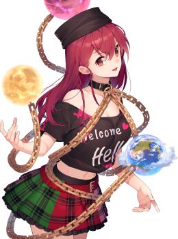 1girl belt belt_collar black_collar black_shirt breasts chain cleavage clothes_writing collar earth_(ornament) eho_(icbm) frilled_skirt frills game_cg gold_chain green_skirt hecatia_lapislazuli labyrinth_of_touhou_(series) labyrinth_of_touhou_tri long_hair looking_at_viewer medium_breasts midriff moon_(ornament) multicolored_skirt navel off-shoulder_shirt off_shoulder official_art open_mouth red_belt red_eyes red_hair red_skirt shirt skirt smile solo third-party_source touhou transparent_background underworld_(ornament)