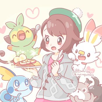 1girl apple apple_slice artist_name asakoline beret black_eyes brown_hair closed_eyes commentary_request curry fang food fried_egg fruit gen_8_pokemon gloria_(pokemon) grey_sweater grookey happy hat holding holding_plate holding_spoon monkey nintendo open_mouth pink_shirt plate pokemon pokemon_(creature) pokemon_swsh rabbit scorbunny shirt short_hair skwovet smile sobble spoon sweater tail teeth tongue tongue_out twitter_username upper_teeth_only white_background white_fur