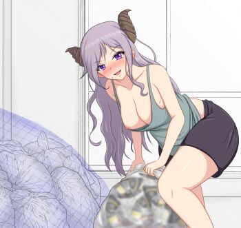1girl alternate_costume bent_over black_shorts blush breasts brown_horns cleavage demon_girl demon_horns feet_out_of_frame grey_tank_top horns kemunpasu_(keeen) large_breasts long_hair looking_at_viewer mole mole_under_mouth nanashi_inc. nipple_slip nipples nose_blush open_mouth purple_eyes purple_hair saionji_mary shorts smile solo strong_zero tank_top trash_bag v-shaped_eyebrows virtual_youtuber