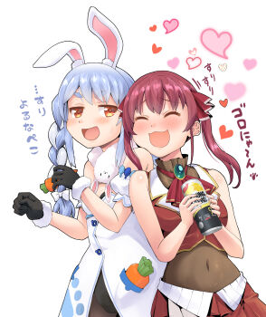 Rule 34 | 2girls, :d, absurdres, animal ears, ascot, bare shoulders, black gloves, black leotard, blue hair, blush, braid, braided twintails, breasts, brooch, can, carrot hair ornament, closed eyes, coat dress, commentary request, cropped jacket, detached sleeves, dress, drunk, food-themed hair ornament, fur scarf, gloves, gold trim, hair ornament, hair ribbon, haniwa (leaf garden), head on another's shoulder, highres, holding, holding can, hololive, houshou marine, houshou marine (1st costume), jacket, jewelry, leotard, leotard under clothes, long hair, looking at another, medium breasts, multicolored hair, multiple girls, no coat, no headwear, open mouth, orange eyes, pleated skirt, puffy detached sleeves, puffy short sleeves, puffy sleeves, rabbit ears, red ascot, red hair, red jacket, red ribbon, red skirt, ribbon, scarf, see-through clothes, see-through leotard, see-through midriff, short sleeves, sidelocks, sideways glance, simple background, skirt, sleeveless, sleeveless jacket, small breasts, small sweatdrop, smile, strapless, strong zero, swept bangs, thick eyebrows, translation request, twin braids, twintails, two-tone hair, usada pekora, usada pekora (1st costume), virtual youtuber, white background, white hair, white scarf