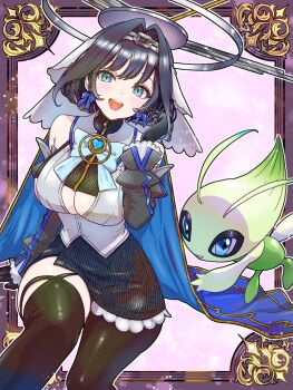 1girl bare_shoulders black_gloves black_hair black_sleeves black_thighhighs blue_bow blue_cape blue_eyes blush bow bow_earrings breasts cape celebi chain chain_headband cleavage cleavage_cutout clothing_cutout commentary cowboy_shot detached_sleeves dot_nose earrings english_commentary gen_2_pokemon gloves hair_intakes hair_ornament heart-shaped_gem highres hololive hololive_english jewelry large_breasts legendary_pokemon looking_at_viewer mythical_pokemon nintendo open_mouth ouro_kronii ouro_kronii_(1st_costume) pinstripe_pattern pinstripe_shirt pinstripe_skirt planet_hair_ornament pokemon pokemon_(creature) shirt short_hair simple_background sleeveless sleeveless_shirt teeth thighhighs upper_teeth_only vest virtual_youtuber white_vest wispy_bangs zaki_zaki_zaki zipper zipper_pull_tab