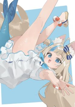 1girl :3 :d ahoge animal_ear_fluff animal_ears armpits bare_arms blonde_hair blue_background blue_eyes blue_hair blue_neckerchief border bow cat_ears commentary dress falling fangs fins fish_girl fish_tail frilled_dress frills hair_bow highres indie_virtual_youtuber koyo2023 legs_up lifebuoy_hair_ornament long_hair looking_at_viewer multicolored_hair neckerchief one_side_up open_mouth outstretched_arm sameko_saba sandals sleeveless sleeveless_dress smile solo square streaked_hair tail tongue very_long_hair virtual_youtuber white_background white_border white_dress