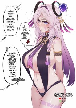1girl alternate_breast_size_(larger) anger_vein armlet arms_behind_back blue_eyes blush braid breasts citlali_(genshin_impact) cowboy_shot drunk english_text facial_mark floating_headgear forehead_mark furrowed_brow genshin_impact hair_intakes headgear highres huge_breasts jewelry leg_tattoo long_hair mamaprofennn multicolored_hair navel necktie parted_bangs pink_hair pink_pupils puckered_lips purple_hair ring_hair_ornament shoulder_tattoo side_braids simple_background skindentation slingshot_swimsuit solo squiggle stomach swimsuit tattoo twin_braids very_long_hair white_background