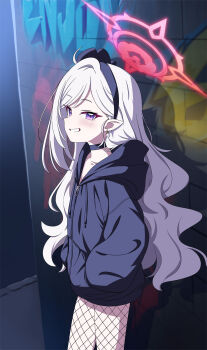 1girl black_choker black_flower black_hairband black_hoodie blue_archive blue_jacket blush breasts choker cleavage earrings fishnet_pantyhose fishnets flower graffiti hair_flower hair_ornament hairband halo hands_in_pockets highres hood hood_down hooded_jacket hoodie jacket jewelry long_hair looking_at_viewer mutsuki_(blue_archive) outdoors pantyhose pearl_earrings pointy_ears purple_eyes red_halo small_breasts smile solo tile_wall tiles welchsbinn white_hair