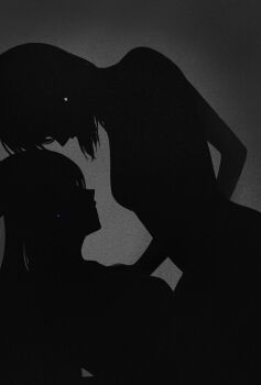 2girls breasts commentary greyscale hashtag-only_commentary long_hair medium_breasts medium_hair mim120809 miyagi_shiori monochrome multiple_girls sendai_hazuki shuuniichido_classmate_wo_kau_hanashi silhouette spot_color yuri