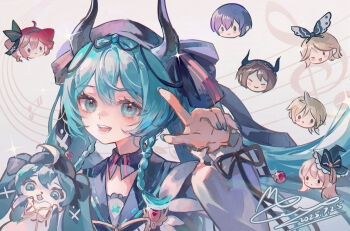 2boys 5girls aqua_eyes aqua_hair blonde_hair blue_eyes blush braid brown_hair drill_hair hair_between_eyes hair_ornament hatsune_miku horns kagamine_len kagamine_rin kaito_(vocaloid) kasane_teto kasane_teto_(utau) long_sleeves looking_at_viewer megurine_luka meiko_(vocaloid) memory_mie multiple_boys multiple_girls one_eye_closed pink_hair red_hair smile twin_braids twin_drills utau vocaloid