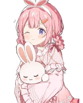 1girl animal_ears blush braid braided_hair_rings carrot_hair_ornament commentary_request fake_animal_ears food-themed_hair_ornament hair_ornament hair_rings headband highres long_hair nightgown nijisanji official_alternate_costume one_eye_closed pink_hair pink_nightgown purple_eyes simple_background smile solo stuffed_animal stuffed_rabbit stuffed_toy suo_sango suo_sango_(2nd_costume) tobun_sub virtual_youtuber white_background white_headband wide_sleeves