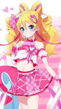 Rule 34 | 1girl, absurdres, arm warmers, bare shoulders, beads, blonde hair, blue eyes, blush, bow, bow-shaped hair, bow choker, breasts, choker, closed mouth, collarbone, commentary, crop top, cure idol, detached sleeves, drill hair, earrings, hair beads, hair between eyes, hair ornament, hair ribbon, hairband, headset, heart, heart earrings, heart hair ornament, highres, idol, idol clothes, idol heart brooch (precure), idol heart incom, jewelry, kimi to idol precure, long hair, looking at viewer, magical girl, medium breasts, midriff, multicolored hair, multiple earrings, myarikuru, navel, pink bow, pink hair, pink nails, pink ribbon, pink shirt, pink skirt, pink theme, pink wrist cuffs, plaid bow, plaid ribbon, precure, puffy detached sleeves, puffy sleeves, red bow, red choker, ribbon, sakura uta (precure), scrunchie, shirt, shirt bow, single arm warmer, skirt, smile, solo, stomach, streaked hair, twintails, two-tone hair, watermark, white hairband, wrist cuffs, wrist scrunchie