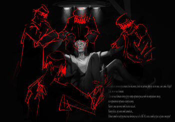 1girl 4others absurdres akari_kadze dark_background gun hat highres horror_(theme) incredibly_absurdres monochrome multiple_others original pants shirt short_sleeves sitting teeth translated ukrainian_text weapon