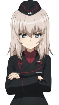 Rule 34 | 1girl, black jacket, blush, breast pocket, breasts, closed mouth, cross, crossed arms, dress shirt, garrison cap, girls und panzer, girls und panzer saishuushou, grey eyes, grey hair, hair between eyes, hat, highres, itsumi erika, jacket, kuromorimine military uniform, looking at viewer, medium breasts, medium hair, military, military hat, military uniform, non-web source, official art, pocket, red shirt, red skirt, shirt, simple bird, skirt, smile, solo, standing