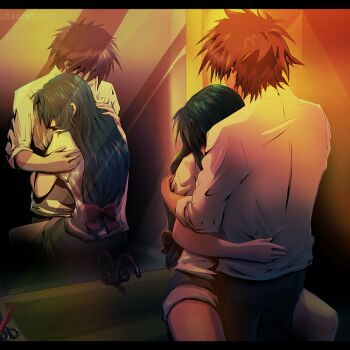 1boy 1girl artist_name blue_hair bow brown_hair chidori_kaname full_metal_panic! hetero hug long_hair low-tied_long_hair sagara_sousuke scene_reference scissors short_hair shorts yaoumi-ji