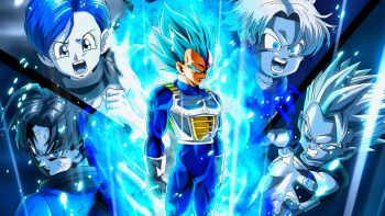 1girl 4boys armor artist_request aura blue_bodysuit blue_eyes blue_hair bodysuit bowl_cut bulma cabba clenched_hands clenched_teeth dirty dirty_clothes dirty_face dragon_ball dragon_ball_super dragon_ball_xenoverse earrings father_and_son floating_hair gloves highres husband_and_wife jewelry loading_screen looking_at_viewer looking_back mother_and_son multiple_boys muscular muscular_male neckerchief official_art official_wallpaper open_mouth parent_and_child saiyan_armor short_hair single_bang spiked_hair stud_earrings super_saiyan super_saiyan_blue teeth third-party_source trunks_(dragon_ball) trunks_(future)_(dragon_ball) vegeta white_armor white_gloves widow&#039;s_peak