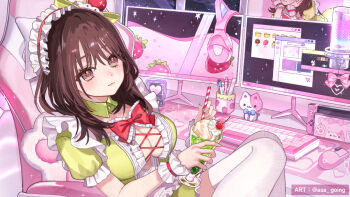 Rule 34 | 1girl, :3, asa going, at computer, bow, bowtie, breasts, brown eyes, brown hair, chair, cherry, closed mouth, commentary request, commission, computer keyboard, cup, dress, drinking straw, food, frilled hairband, frills, fruit, gaming chair, green dress, hairband, headphones, holding, holding cup, ice cream, kaname ai, large breasts, long hair, looking at viewer, monitor, pink background, real life, red bow, red bowtie, sitting, smile, solo, swivel chair, thighhighs, white hairband, white thighhighs, wispy bangs