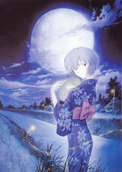 1girl absurdres ayanami_rei blue_hair blue_theme bug cloud female_focus fireflies firefly full_moon hand_fan highres honda_takeshi house insect japanese_clothes kimono lamppost looking_back moon neon_genesis_evangelion night pale_skin paper_fan path perspective rabbit red_eyes reeds road sadamoto_yoshiyuki scan short_hair smile solo stream tree uchiwa water