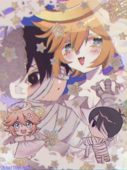 Rule 34 | 2boys, alternate costume, angel, angel wings, antenna hair, basil (faraway) (omori), basil (omori), black eyes, black hair, blonde hair, blue eyes, chibi, closed mouth, commentary request, double-parted bangs, fake halo, fake wings, fang, hair between eyes, halloween costume, halo, highres, interlocked fingers, kauchi (kani10cauchi), looking at viewer, male focus, multiple boys, mummy costume, omori, open mouth, parted lips, red pupils, short hair, short sleeves, sidelocks, skin fang, sunny (omori), tongue, twitter username, wings