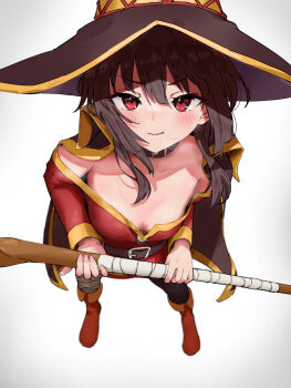 >:) 1girl absurdres bandaged_leg bandages bare_shoulders belt black_cape black_choker black_hat black_thighhighs blush boots breasts breath brown_hair cape choker collarbone commentary downblouse dress eyelashes foreshortening from_above full_body gradient_background hat highres holding holding_staff hylran0427 knee_boots kono_subarashii_sekai_ni_shukufuku_wo! light_smile long_sleeves looking_at_viewer looking_up medium_hair megumin mole mole_on_breast off-shoulder_dress off_shoulder orange_boots perspective pink_nails red_boots red_dress red_eyes short_dress short_hair short_hair_with_long_locks sidelocks simple_background single_thighhigh small_breasts smile smug solo staff standing sweat thighhighs two-handed v-shaped_eyebrows white_background witch_hat