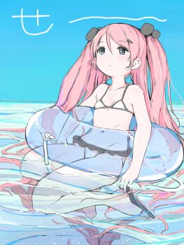 1girl bikini blue_eyes blue_sky commentary expressionless flat_chest full_body highres horizon innertube kinomoto_(nazonoinu) long_hair looking_up navel original partially_submerged pink_hair sky slippers solo summer swim_ring swimsuit water