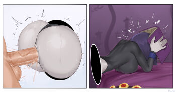 absurdres ass ass_focus bergoq black_leotard book breasts clothing_aside colored_skin commentary cum dc_comics english_commentary erection glory_wall grey_skin hetero highres huge_ass large_breasts leotard leotard_aside medium_hair penis purple_hair pussy raven_(dc) sex sweat through_wall vaginal