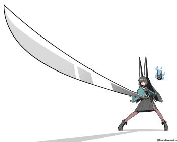 1girl alternate_ear_size animal_ears black_footwear black_hair blunt_bangs brown_pantyhose fighting_stance foreshortening fox_ears fox_girl green_jacket high-waist_skirt highres holding holding_sword holding_weapon hoshimi_miyabi huge_ears huge_weapon jacket katana long_hair long_sleeves medium_skirt pantyhose red_eyes serious shadow shirt sidelocks simple_background skirt solo sunrise_stance sword tsunderemaids twitter_username weapon white_background white_shirt zenless_zone_zero