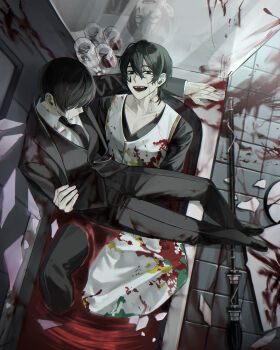 2boys 7ceta :d absurdres apron bathtub black_eyes black_hair black_jacket black_vest blood broken_glass commentary crazy_grin cup curtains drugs dual_persona english_commentary facial_mark fake_blood formal_clothes from_above full_body giant_brush glass grin half-closed_eyes hand_on_another's_waist highres jacket knees_up limbus_company looking_at_viewer mirror multiple_boys official_alternate_costume open_mouth paint_splatter paintbrush pill pool_of_blood project_moon ring_(identity)_(project_moon) shared_bathing short_hair sitting sitting_on_lap sitting_on_person smile suit_jacket teardrop_facial_mark vest white_apron yi_sang_(project_moon)