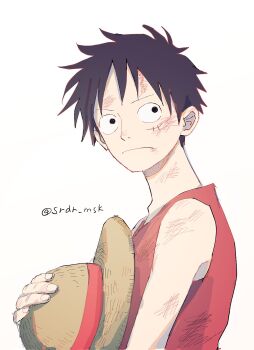 Rule 34 | 1boy, bare shoulders, black hair, bruise, bruise on arm, bruise on face, closed mouth, facial scar, from side, hat, highres, injury, male focus, monkey d. luffy, one piece, red vest, scar, scar on cheek, scar on face, short hair, silver mssk, simple background, solo, straw hat, twitter username, unworn hat, unworn headwear, upper body, vest, white background