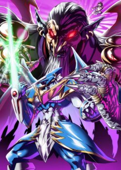 Rule 34 | 1girl, 2boys, arm blade, armor, barbamon, beard, bikini, black bikini, black jacket, blue armor, breasts, demon boy, digimon, digimon story: cyber sleuth, digimon world re:digitize, dragon, energy sword, facial hair, flying kick, gerusyu, glowing, glowing eyes, highres, hood, hooded jacket, jacket, kicking, large breasts, multiple boys, old, old man, open clothes, open jacket, pointy ears, red eyes, sharp teeth, shinomiya rina, swimsuit, sword, teeth, ulforcev-dramon, weapon