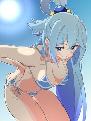 1girl absurdres aqua_(konosuba) bare_arms bare_legs bare_shoulders beads bikini blue_bikini blue_eyes blue_hair blue_sky blush_stickers breasts collarbone commentary day hair_beads hair_ornament hand_on_own_hip highres kono_subarashii_sekai_ni_shukufuku_wo! large_breasts leaning_forward long_hair looking_at_viewer navel noyama_takenoko outdoors side-tie_bikini_bottom sky smile solo striped_bikini striped_clothes sun swimsuit thighs very_long_hair