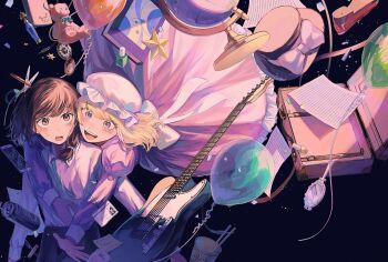 2girls :d :o back_bow balloon bendy_straw black_hat black_skirt blonde_hair blush book bottle bow brown_eyes brown_hair can cellphone chain collared_shirt commentary_request confetti cracked_screen cup disposable_cup dress drink_can drinking_straw electric_guitar energy_drink floating frilled_skirt frills gap_(touhou) globe gold_chain guitar hair_ribbon hand_mirror hat hat_bow highres hug hug_from_behind id_card instrument jewelry juliet_sleeves lanyard leather_strap light_particles lined_paper lip_balm long_sleeves looking_up maribel_hearn medium_hair mirror mob_cap multiple_girls mushiao necklace no_headwear notebook open_mouth open_suitcase outstretched_hand pen perfume_bottle phone pocket_watch puffy_sleeves purple_dress purple_eyes red_shoes ribbon scissors shirt shoes single_sidelock skirt smartphone smile star_(symbol) star_necklace sticky_note stuffed_animal stuffed_toy sweatdrop teddy_bear teeth textbook touhou unworn_hat unworn_headwear unworn_shoes upper_teeth_only usami_renko watch white_bow white_hat white_shirt
