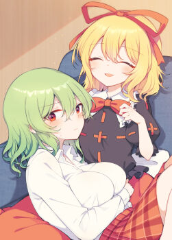 2girls black_shirt blonde_hair blush breasts closed_eyes closed_mouth collared_shirt commentary_request couch green_hair hair_ribbon highres kazami_yuuka large_breasts long_hair lying_on_lap medicine_melancholy medium_hair multiple_girls on_couch parted_lips plaid_clothes plaid_skirt red_ribbon red_skirt ribbon shirt sitting skirt smile tama_(soon32281) touhou variant_set white_shirt yuri