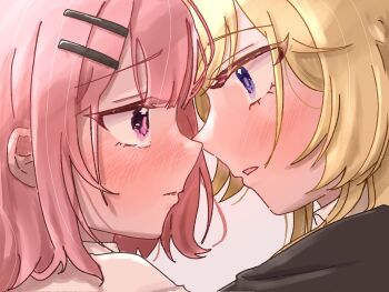 Rule 34 | 2girls, amaori renako, blonde hair, blue eyes, blush, commentary, couple, ear blush, eye contact, eyebrows hidden by hair, eyes visible through hair, hair ornament, hairclip, highres, imminent kiss, long hair, looking at another, mcmcmcron, multiple girls, open mouth, ouzuka mai, parted lips, pink hair, purple eyes, shirt, short hair, tears, upper body, watashi ga koibito ni nareru wake naijan murimuri!, white shirt, yuri