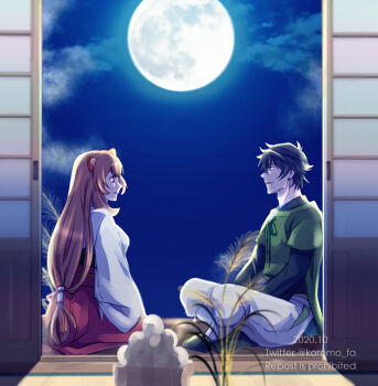 Rule 34 | 1boy, 1girl, animal ear fluff, animal ears, artist name, black boots, black hair, black shirt, blunt bangs, boots, brown hair, cloud, cloudy sky, commentary request, dated, full body, full moon, green ribbon, green shirt, hair between eyes, hair tubes, hakama, hakama skirt, hetero, iwatani naofumi, japanese clothes, koromo (kinu), kosode, layered shirt, long hair, long sleeves, looking at another, messy hair, moon, night, outdoors, pants, raccoon ears, raccoon girl, raphtalia, red hakama, red skirt, ribbon, shirt, short hair, short sleeves, sidelocks, single hair tube, sitting, skirt, sky, straight hair, tate no yuusha no nariagari, twitter username, watermark, white kosode, white pants