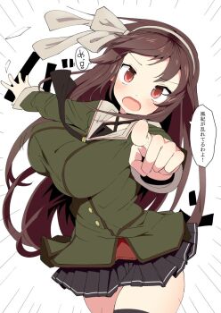 .live 1girl bouncing_breasts breasts brown_hair instant_loss japanese_text large_breasts motion_lines open_mouth pointing red_hair ribbon sequential skirt solo speed_lines text_focus tottotonero translation_request virtual_youtuber yaezawa_natori