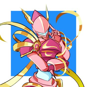 Rule 34 | armor, blue background, border, digimon, digimon (creature), helmet, highres, knight, lordknightmon, notaventura, pink armor, pink helmet, ribbon, simple background, solo, upper body, white border, yellow ribbon