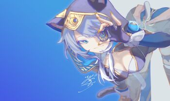 1girl akaguchi_35 animal_ears animal_hood blue_background blue_eyes breasts cat_ears cat_girl cat_tail cipher_(honkai:_star_rail) coin grey_hair hashtag-only_commentary highres holding holding_coin honkai:_star_rail honkai_(series) hood leotard medium_breasts mole mole_on_breast tail