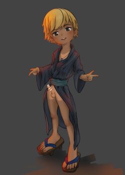 1boy bar_censor blonde_hair censored dark_skin erection jewelry kombain male_focus necklace original peace_symbol penis sandals shota solo tan tanline