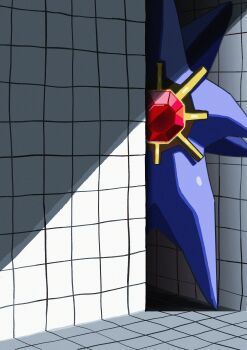 absurdres chest_jewel colored_skin gem gen_1_pokemon highres mega_pokemon mega_starmie nintendo pokemon pokemon_(creature) pokemon_focus purple_skin red_gemstone saiku_(zvlku) standing starmie tile_floor tile_wall tiles