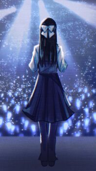 1girl ado_(utaite) blue_skirt bow chando_(ado) commentary from_behind glowstick hair_bow hashtag-only_commentary highres long_hair oyashirazu_(adochan_daisuki) penlight_(glowstick) shirt skirt solo_focus utaite white_bow white_shirt yodaka_(ado)